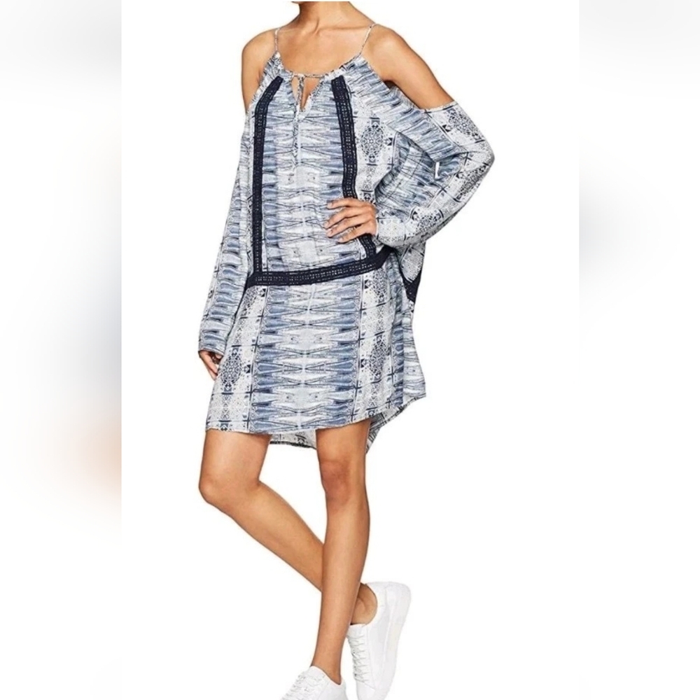 ROXY Live Loudly Cold Shoulder Boho Beachy Dress Size Large Blue & White